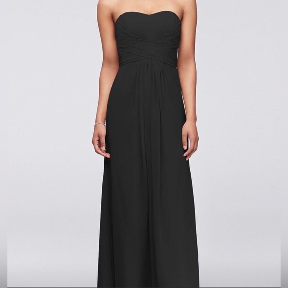 David's Bridal Long Strapless Chiffon Dress with Pleated Bodice, Black, Size 4